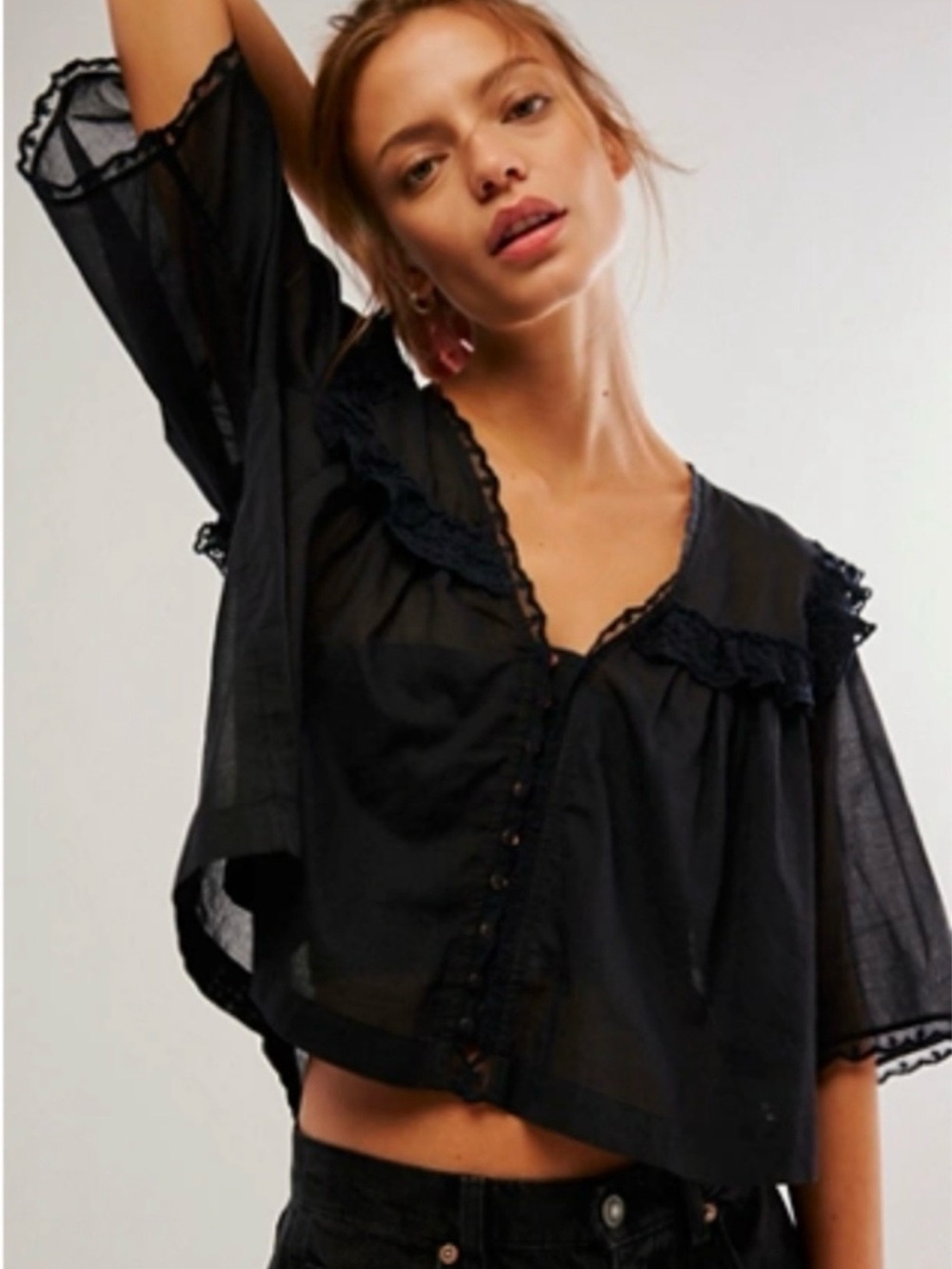 Free People Luna Sheer Button-Front Ruffled Blouse